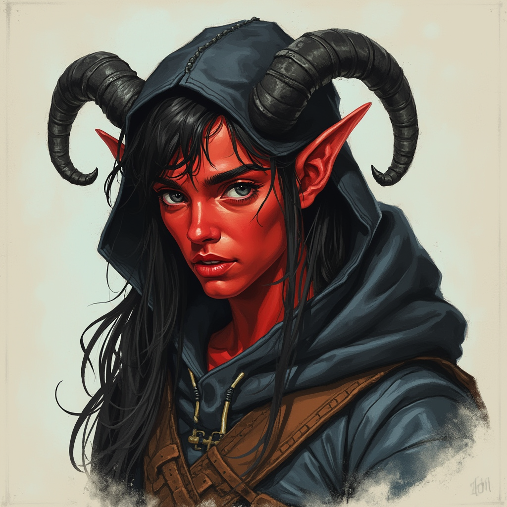 Dungeons and dragons character concept portrait. Male Barbarian, Human race, Normal human anatomy and human face, non-fantasy features. Humans have strong jawline and rounded face features, with rounded eyes girl with black hair, black eyes, wearing black hood, long crooked ears, black horns, red skin, , dnd hand drawing, dnd drawing portrait, dnd character drawing, highly detailed hand drawing, high quality character drawing, colored drawing, colorful drawing, light background, solid background