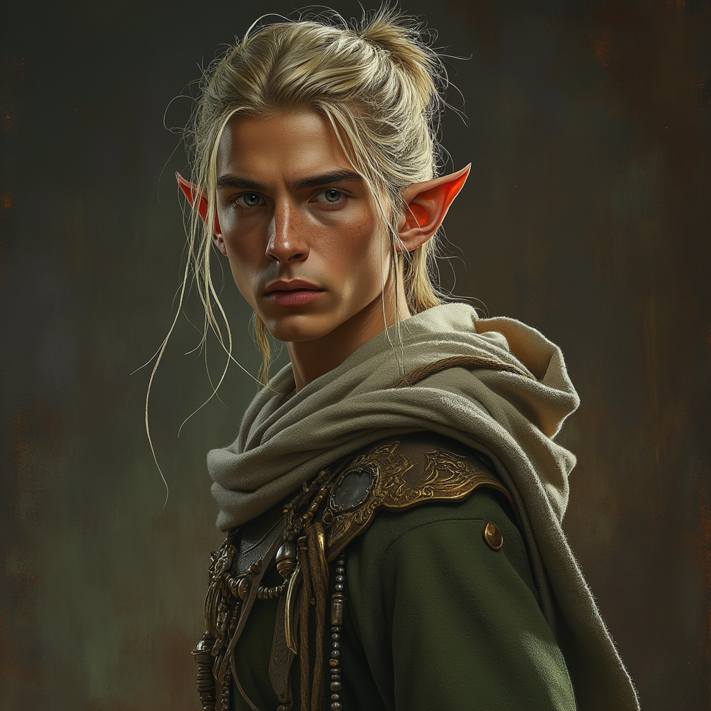 Dungeons and dragons character concept portrait. Male Wizard, Elf race, The elf is a slender, athletic figure, standing about the same height as a human. Elves have bright eyes. Elves have angular features and angular eyes. Their hair long with loose hairstyle a small weak high elf librarian in fancy robes, , dnd photography, dnd live action, realistic dnd portrait, medium shot portrait, highly detailed, dynamic shot, 4k photo