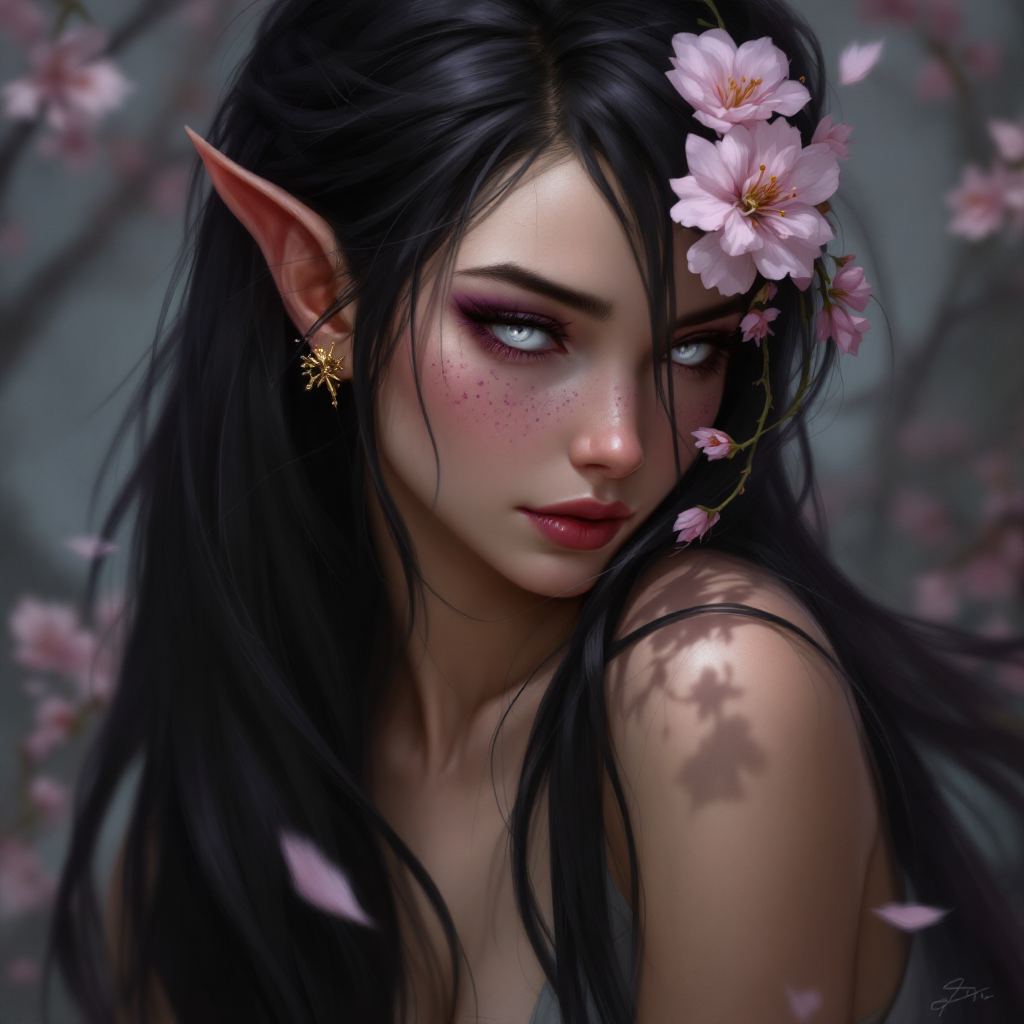 Dungeons and dragons character concept portrait. Female Bard, Half-Elf race, The half-elf is a tall, slender figure. They have a graceful appearance with high cheekbones. Their eyes are typically vibrant and round like human eyes  Purple freckles, long black hair with wisteria blossom hairpin, white eyes, , intricate, elegant, highly detailed, digital painting, artstation, concept art, smooth, sharp focus, illustration, art by stable diffusion ai's favorite artists