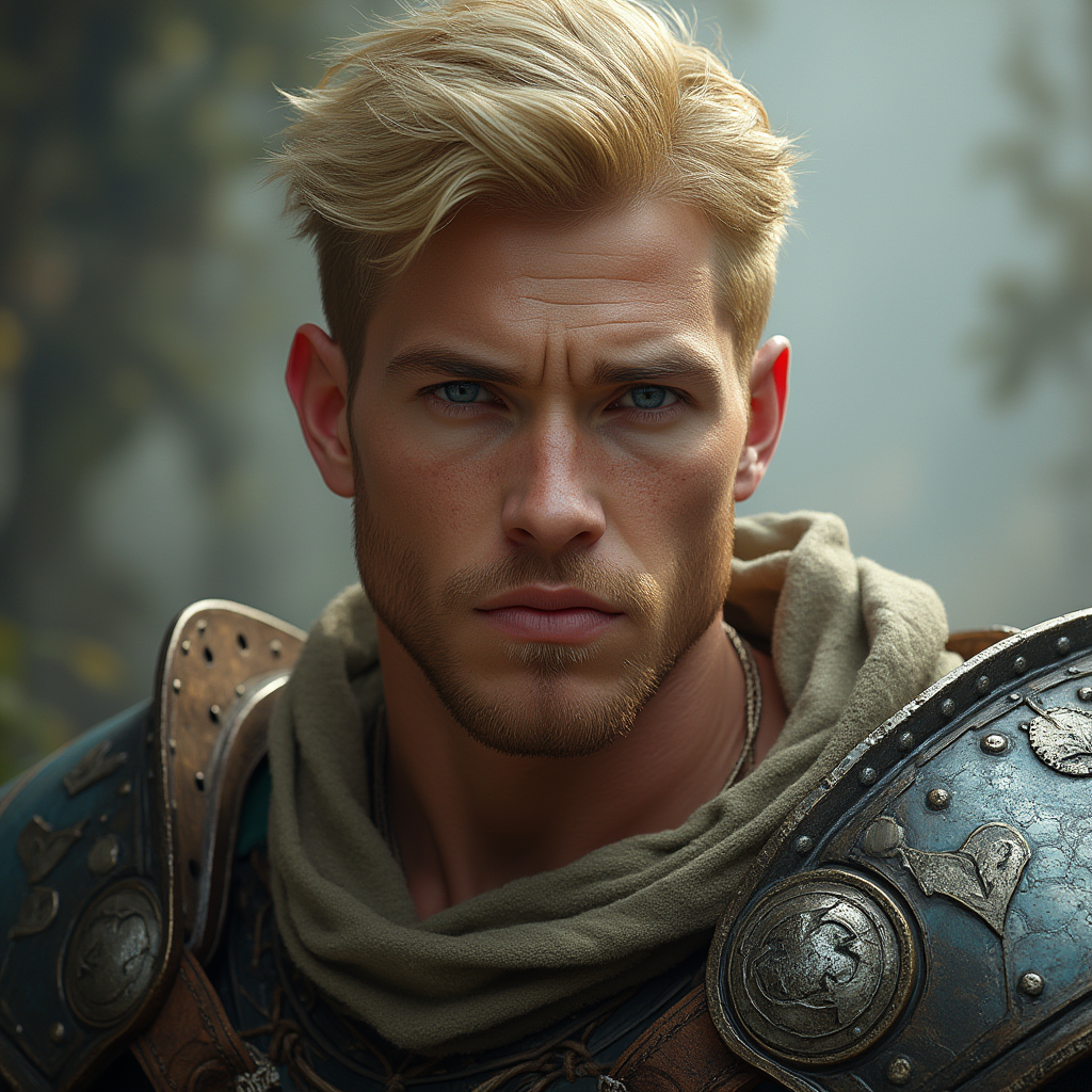 Dungeons and dragons character concept portrait. Male Fighter, Human race, Normal human anatomy and human face, non-fantasy features. Humans have strong jawline and rounded face features, with rounded eyes short blonde hair young muscley broad thick neck blue eyes no facial hair well built tank kind face hansome, , dnd photography, dnd live action, realistic dnd portrait, medium shot portrait, highly detailed, dynamic shot, 4k photo