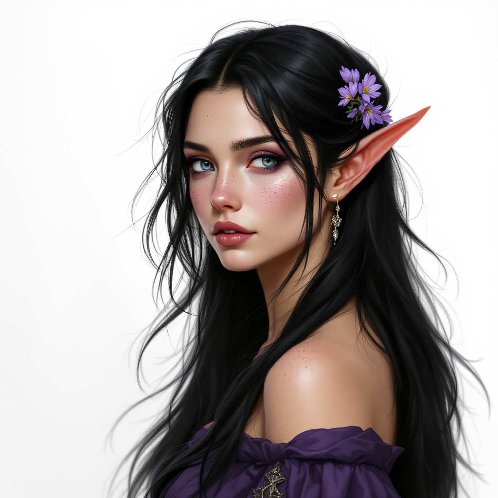 Dungeons and dragons character concept portrait. Female Bard, Half-Elf race, The half-elf is a tall, slender figure. They have a graceful appearance with high cheekbones. Their eyes are typically vibrant and round like human eyes Eladrin ancestry, Purple freckles, black hair with purple blossom hairpin, ice eyes, bard class, off the shoulder top, , intricate, elegant, highly detailed, digital painting, artstation, concept art, smooth, sharp focus, illustration, art by stable diffusion ai's favorite artists