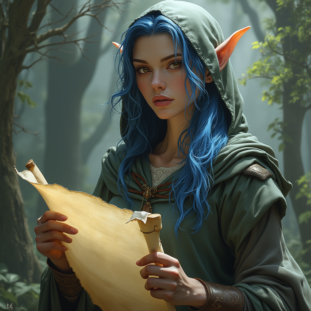 Dungeons and dragons character concept portrait. Female Ranger, Elf race, The elf is a slender, athletic figure, standing about the same height as a human. Elves have bright eyes. Elves have angular features and angular eyes. Their hair long with loose hairstyle with long blue hair, wearing a hood holding a open blank scroll, , dnd photography, dnd live action, realistic dnd portrait, medium shot portrait, highly detailed, dynamic shot, 4k photo