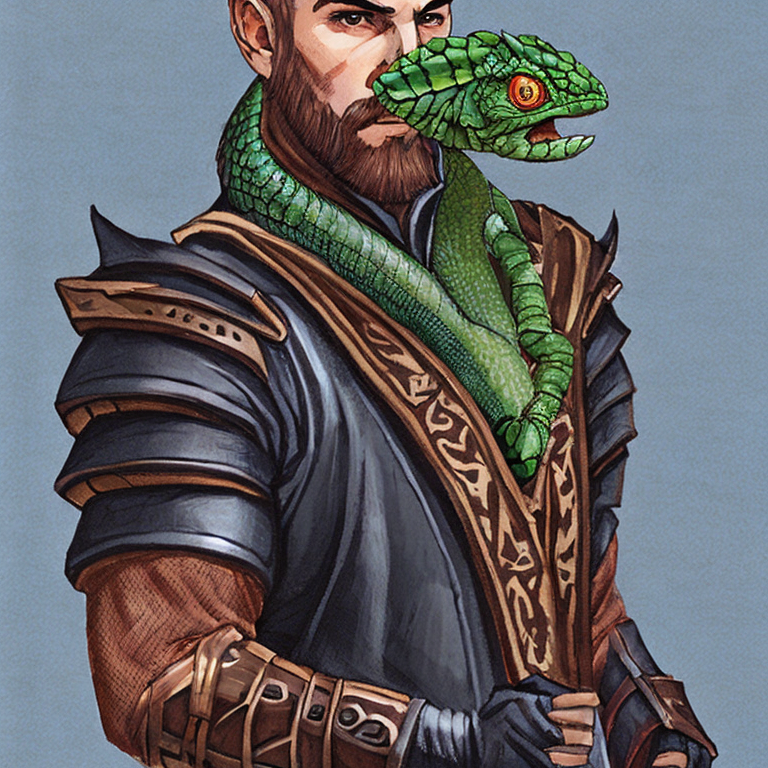 Dungeons and dragons character concept portrait. Male Fighter, Dragonborn race, dragon-skin, dragon-face, dragon-nose, dragon-ears, dragon-humanoid, a human with a dragon-head, He has the appearance of a green chameleon Lizard-folk. He wears the Cloak of Arachnida: A fine garment made of black silk interwoven with faint silvery threads, and under the cloak he wears common clothes . He is wielding A Sun Blade: a sword with a silver hilt and a blade of pure golden-white radiance that is thin as a wire. He has green eyes and a 1 single horn centered on his forehead., , intricate, elegant, highly detailed, digital painting, artstation, concept art, smooth, sharp focus, illustration, art by stable diffusion ai's favorite artists