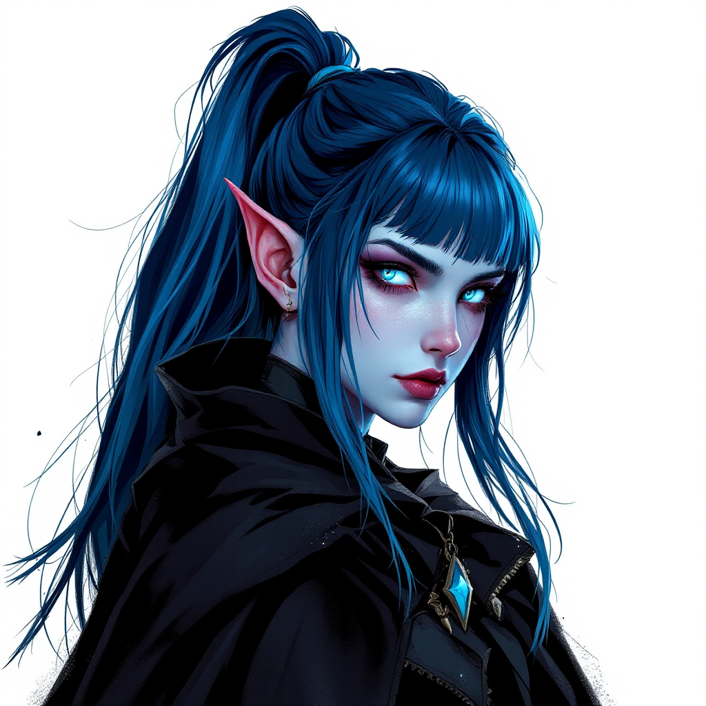 Dungeons and dragons character concept portrait. Female Sorcerer, Tiefling race, The tiefling is a tall and striking figure with a lean and muscular build. Sharp horns that grow amidst the hairline. Tieflings have glowing eyes which give them an otherworldly appearance. Tieflings favor bold clothing incorporating dark colors and intricate patterns Two-tone Navy Hair in a long ponytail with straight-cut bangs. Very pale blue skin. Emo/goth style clothes and a shadowy cape. Female. Full body photo, standing , , dnd hand drawing, dnd drawing portrait, dnd character drawing, highly detailed hand drawing, high quality character drawing, colored drawing, colorful drawing, light background, solid background