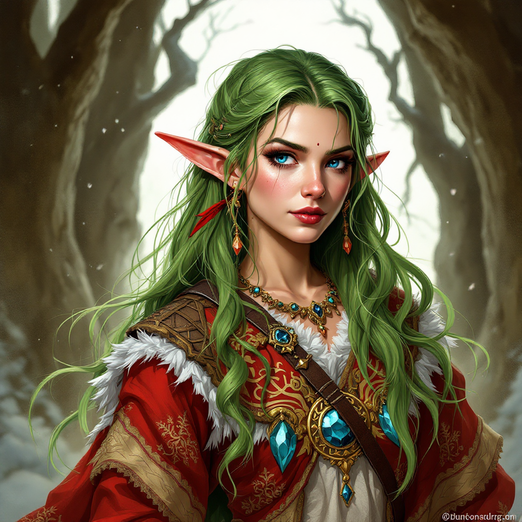 Dungeons and dragons character concept portrait. Female Druid, Dwarf race, The dwarf is a short and broad figure. Dwarves have long hair. Dwarves have rounded face features. Their clothing and gear are decorated with bold geometric designs, gems, and ancestral faces mischief making Christmas elf with green long hair and spakling blue eyes with a sword also she has a red and white dress, , dnd comics character drawing, dnd comics character, 2d comics drawing, marvel comics style character, dc comics style character