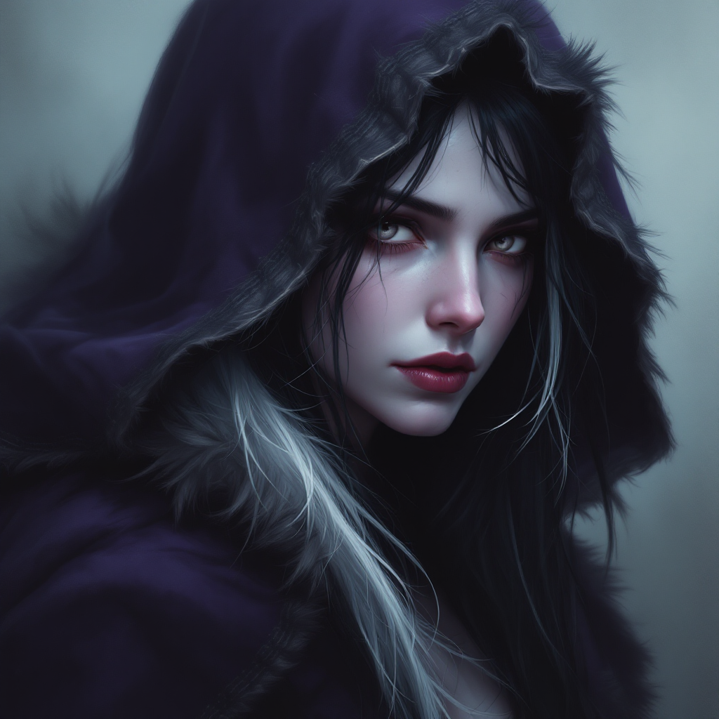 Dungeons and dragons character concept portrait. Female Warlock, Human race, Normal human anatomy and human face, non-fantasy features. Humans have strong jawline and rounded face features, with rounded eyes female dhampir undead warlock, pale skin with dark hair with white streak in hair, foggy background, velvet and fur cloak with baggy hood, , intricate, elegant, highly detailed, digital painting, artstation, concept art, smooth, sharp focus, illustration, art by stable diffusion ai's favorite artists