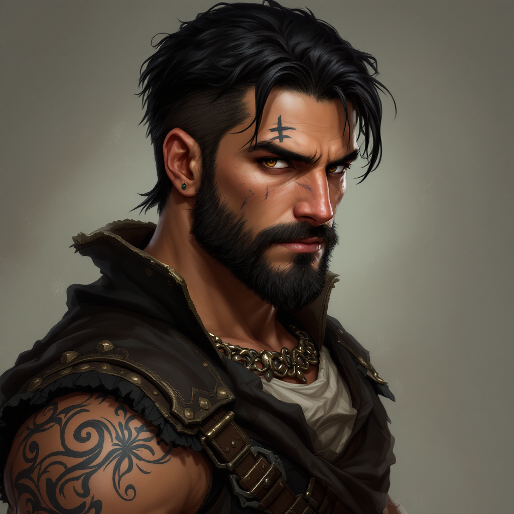 Dungeons and dragons character concept portrait. Male Fighter, Human race, Normal human anatomy and human face, non-fantasy features. Humans have strong jawline and rounded face features, with rounded eyes a human man , scar on the face, with tattoos on the face, dark features with stubblebeard and a rebellion tattoo going down his arm from his neck that is just black swirls, tanned skin with medium black hair and in dragon rider leathers, , intricate, elegant, highly detailed, digital painting, artstation, concept art, smooth, sharp focus, illustration, art by stable diffusion ai's favorite artists
