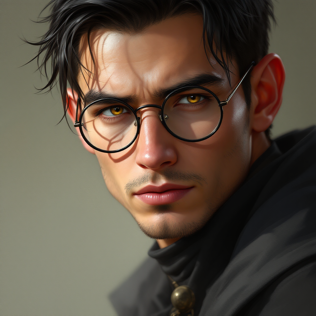 Dungeons and dragons character concept portrait. Male Wizard, Human race, Normal human anatomy and human face, non-fantasy features. Humans have strong jawline and rounded face features, with rounded eyes tired young man with black hair with sun kissed skin with golden eyes with big circle glasses. clean shaven, , intricate, elegant, highly detailed, digital painting, artstation, concept art, smooth, sharp focus, illustration, art by stable diffusion ai's favorite artists