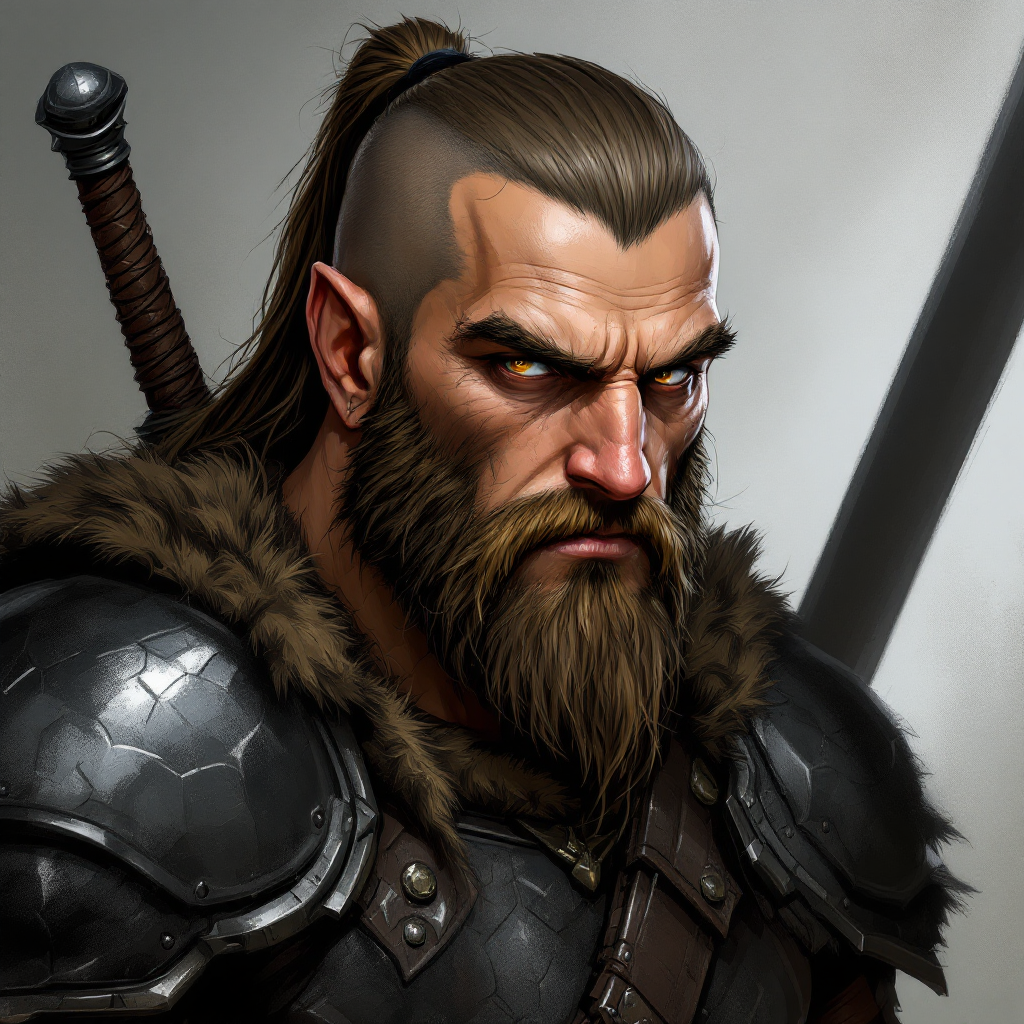 Dungeons and dragons character concept portrait. Male Barbarian, Human race, Normal human anatomy and human face, non-fantasy features. Humans have strong jawline and rounded face features, with rounded eyes Black armor and black sword tall, , dnd comics character drawing, dnd comics character, 2d comics drawing, marvel comics style character, dc comics style character