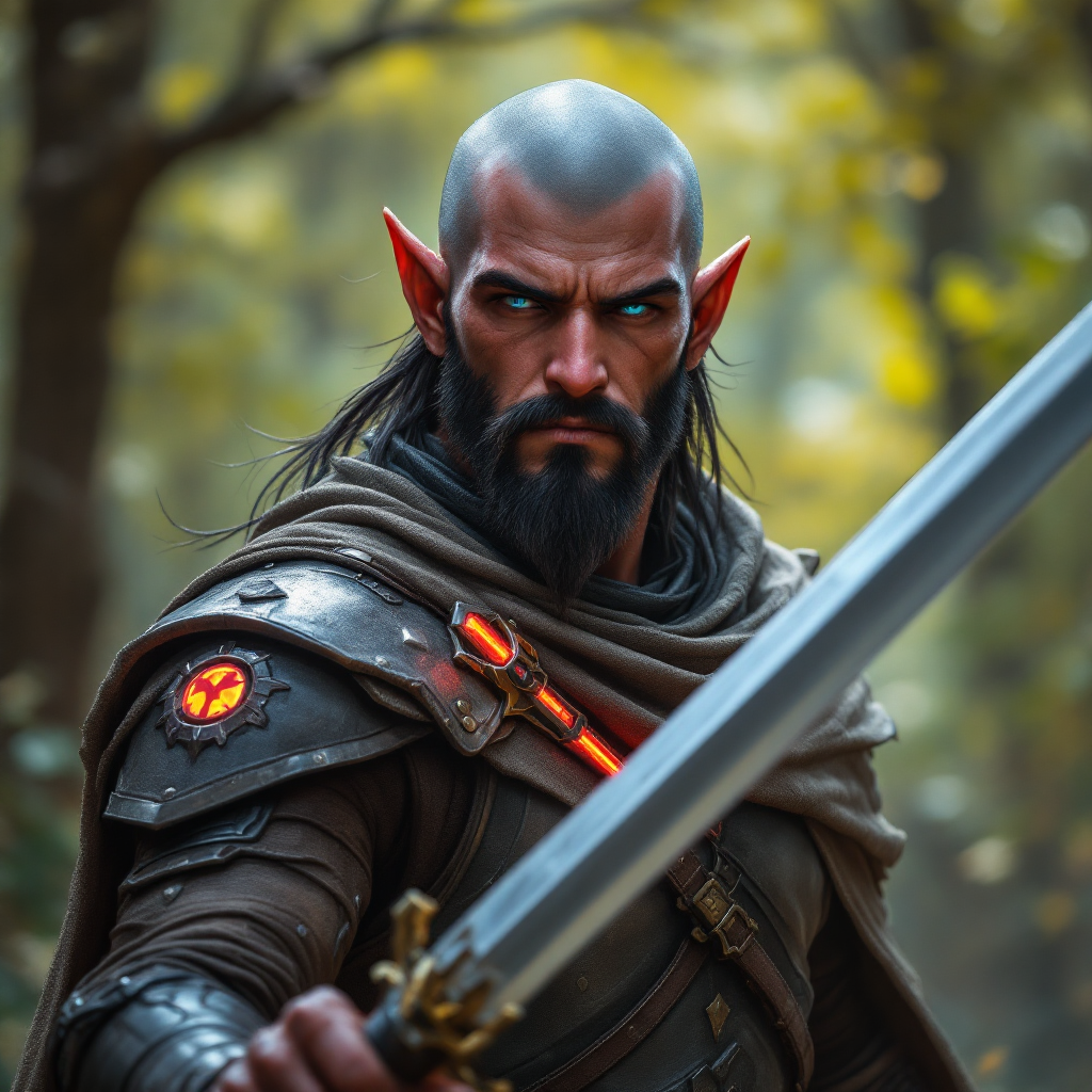 Dungeons and dragons character concept portrait. Male Paladin, Elf race, The elf is a slender, athletic figure, standing about the same height as a human. Elves have bright eyes. Elves have angular features and angular eyes. Their hair long with loose hairstyle Male, red skin, 5 feat tall,  bald head, blue pupils, short black beard, grey armor, wielding a two handed sword, forest background, , dnd photography, realistic dnd portrait, high-tech character, cyberpunk dnd character, cyberpunk tech elements, cyberpunk neon accent, tech apparel, tech armor, tech weapons, tech clothing, tech lighting, sci-fi dnd character, medium shot portrait, highly detailed, dynamic shot, 4k photo