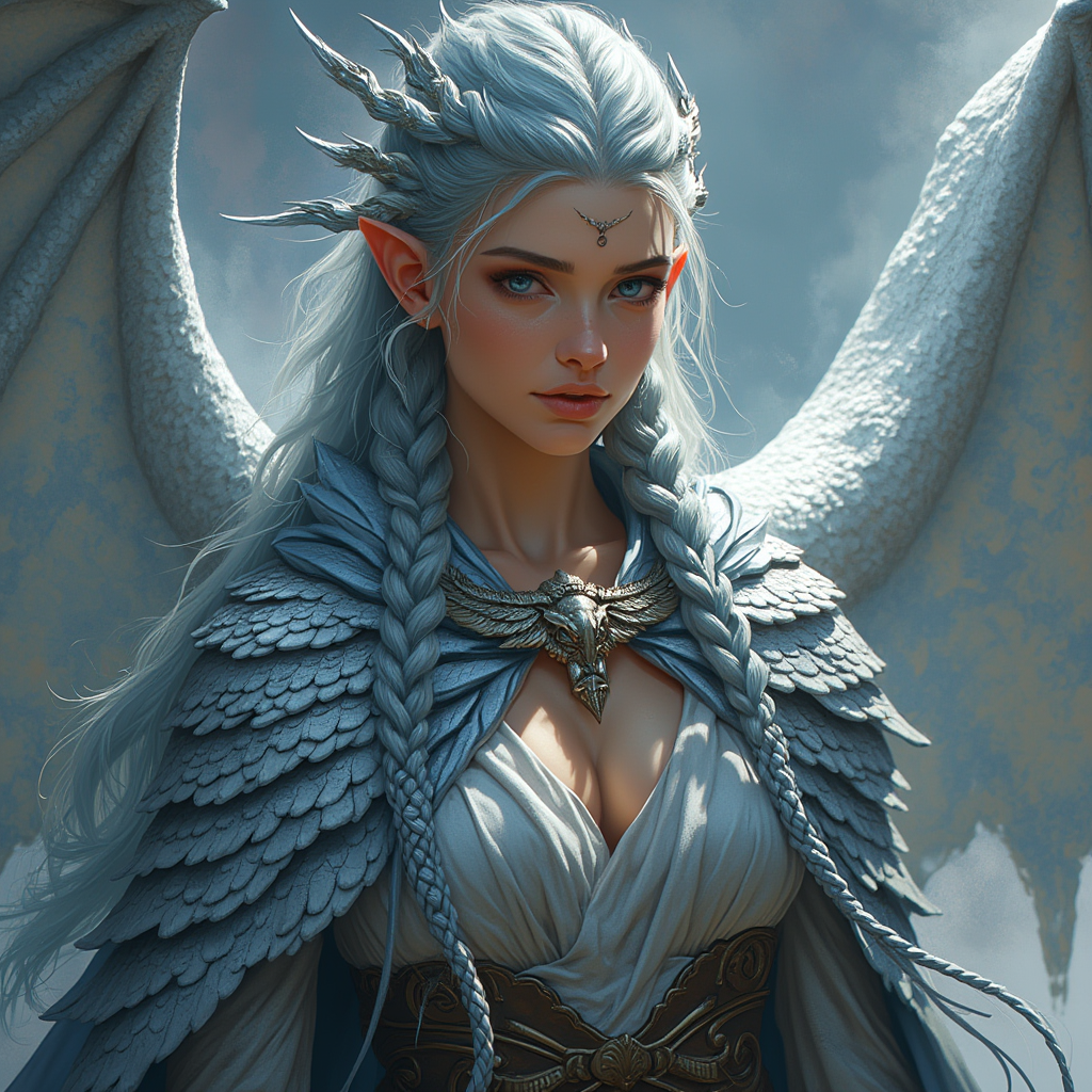 Dungeons and dragons character concept portrait. Male Barbarian, Human race, Normal human anatomy and human face, non-fantasy features. Humans have strong jawline and rounded face features, with rounded eyes full body concept art. Normal female human anatomy with silver dragon wings and human face, non-fantasy features. Humans have strong jawline and rounded face features, with rounded eyes. Dragonborn female from a lineage of silver dragons. sorceress pose.  Young woman with silver scaled hands. Her eyes are a mix of silver and ice blue. Her braided hair is a silvery blue with a silver reflection when light hits it. her cloak is made of ancient dragon scales weaves with the finest spun silver cloth. She is both fierce and friendly looking as she uses charm to gain her way into the homes of nobles., full body portrait, , intricate, elegant, highly detailed, 
, , intricate, elegant, highly detailed, digital painting, artstation, concept art, smooth, sharp focus, illustration, art by stable diffusion ai's favorite artists