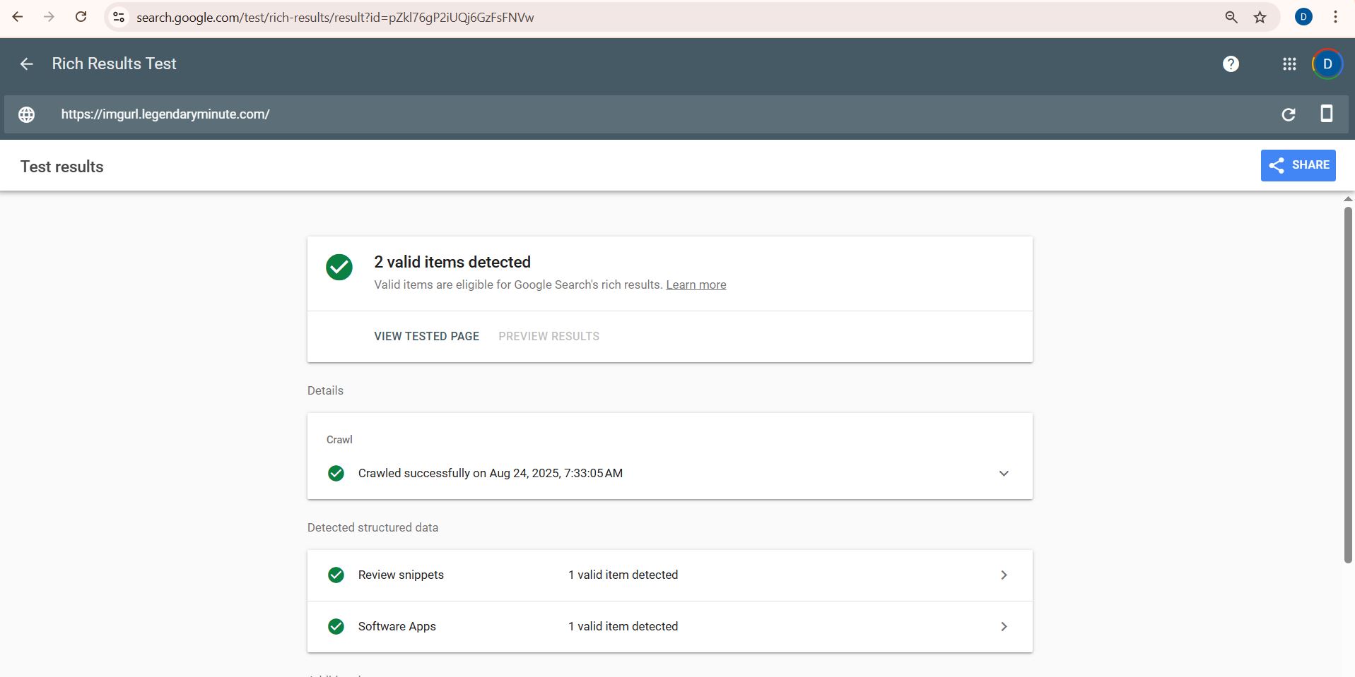 Google Rich Result Test Report showing valid schema