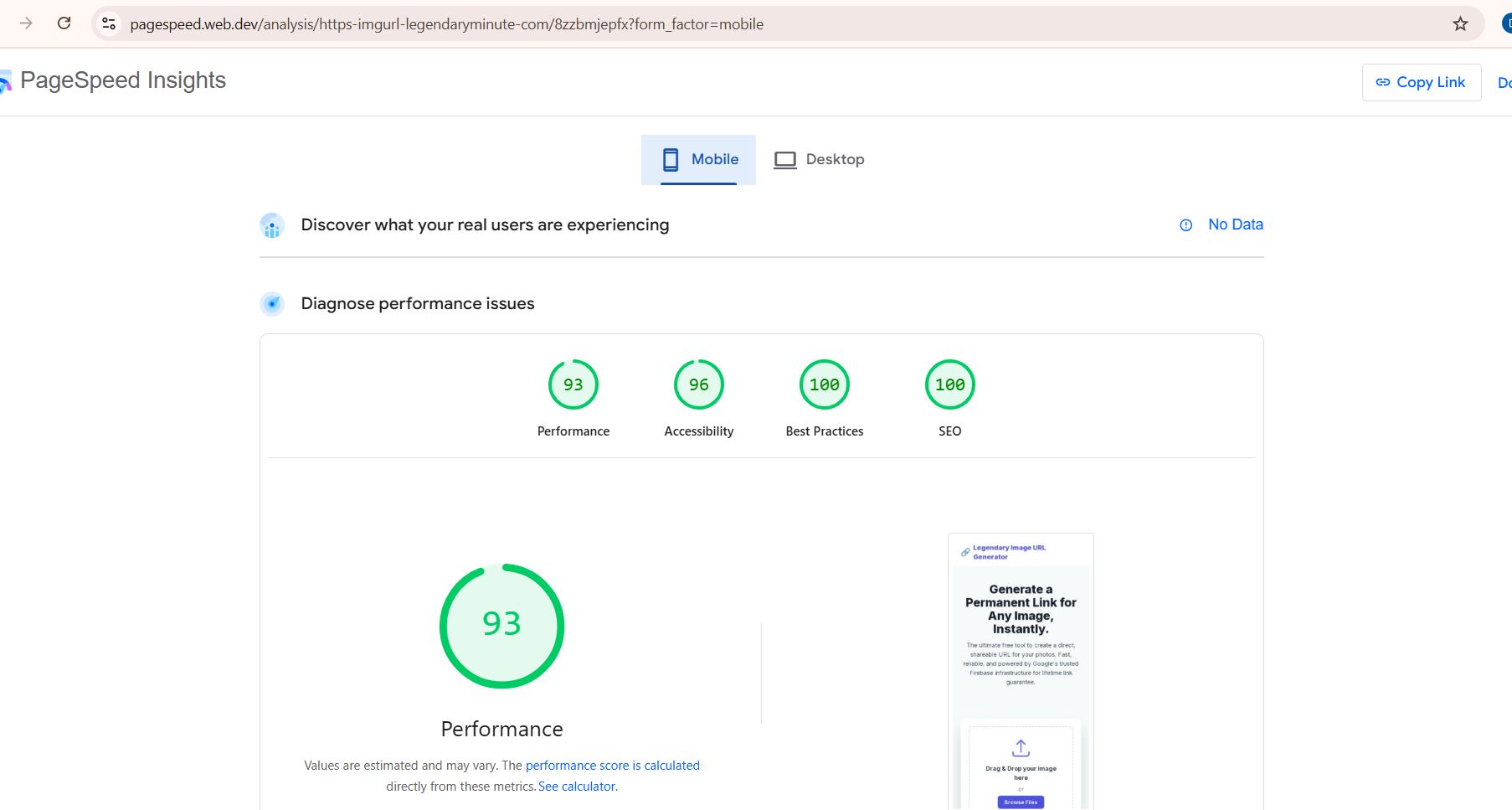 PageSpeed Insights score for mobile