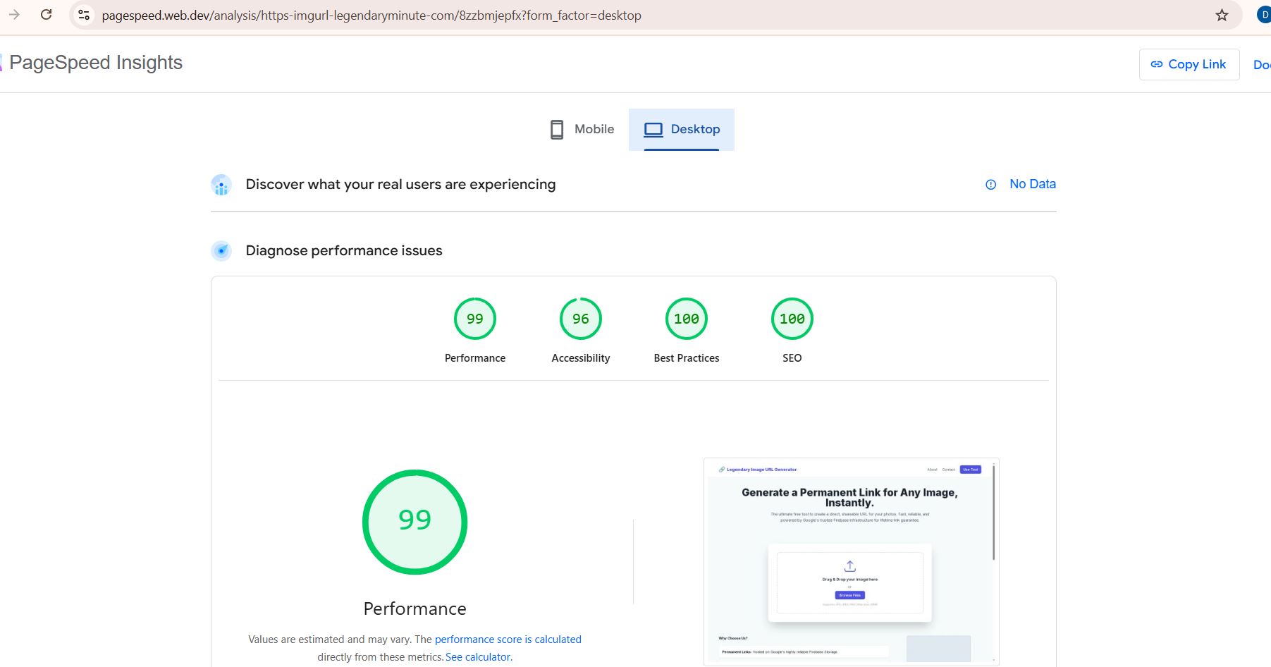 PageSpeed Insights score for desktop