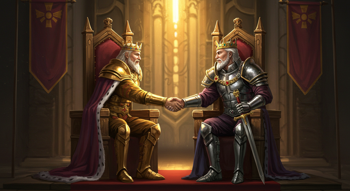 numerology-driver-number-1-alliance.jpg Two powerful kings, representing Numerology Driver Number 1, forming an alliance in a grand hall.