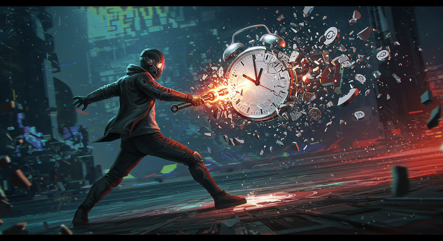 numerology-driver-number-4-rebel.jpg A rebellious figure, representing Numerology Driver Number 4, shattering a clock to symbolize challenging the status quo.