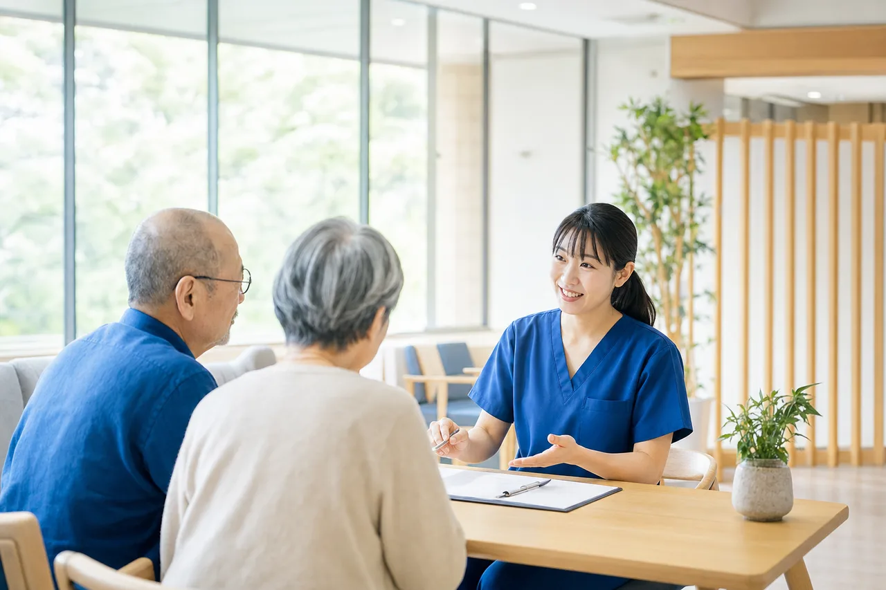 明るい医療施設での相談 0108。健康・医療をテーマにした、広告・Web・記事制作に使いやすい素材です。