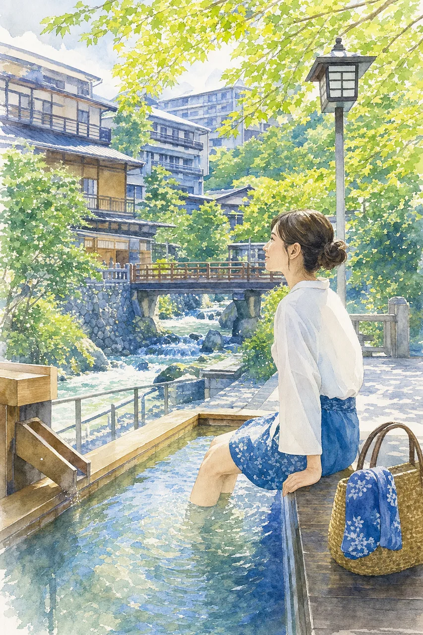 温泉地でくつろぐ旅行者 0118。旅行をテーマにした、広告・Web・記事制作に使いやすい素材です。