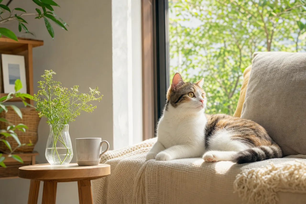 窓辺で過ごす猫 0123。動物をテーマにした、広告・Web・記事制作に使いやすい素材です。