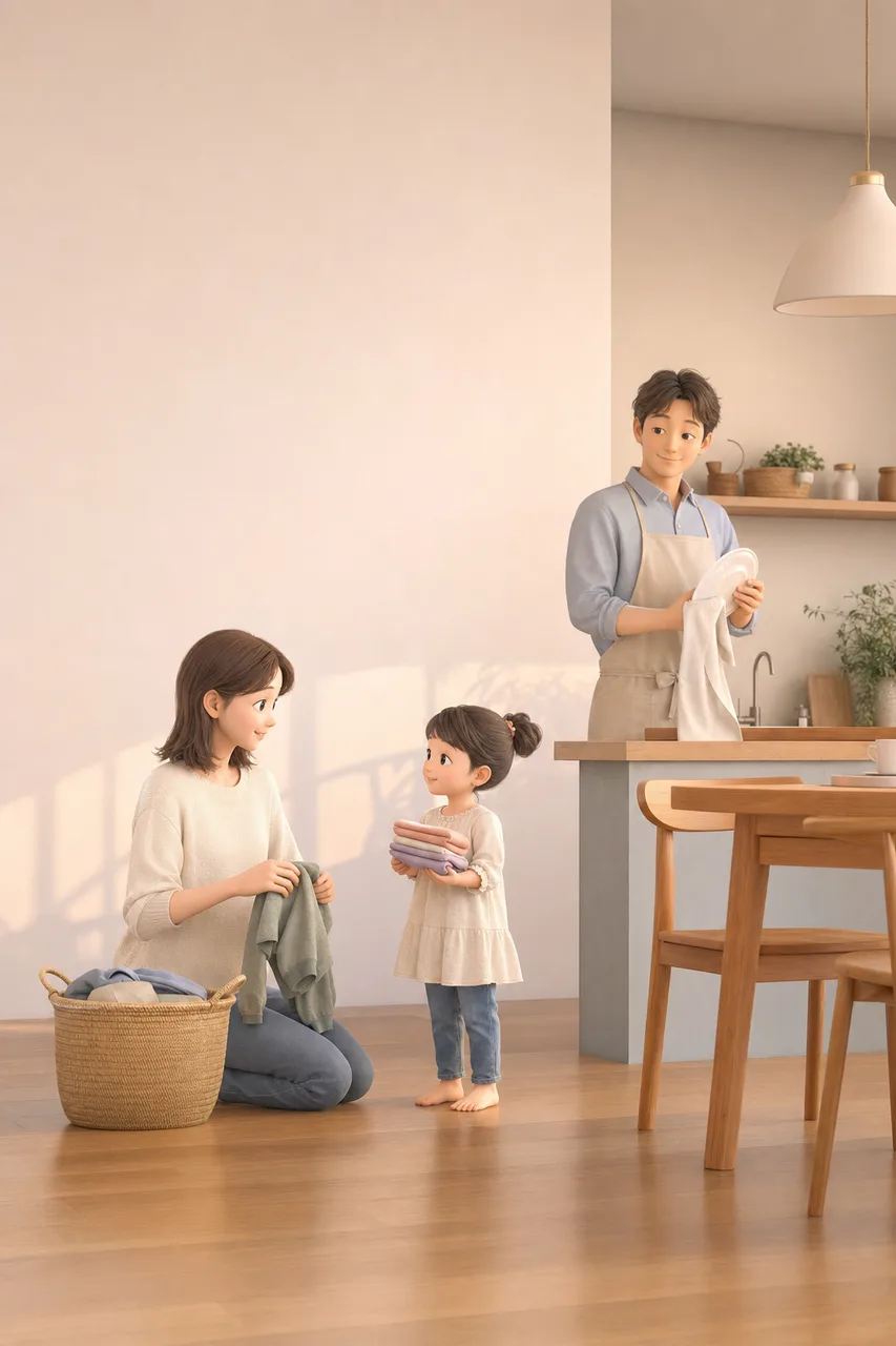 家事を分担する家族 0151。ライフスタイルをテーマにした、広告・Web・記事制作に使いやすい素材です。