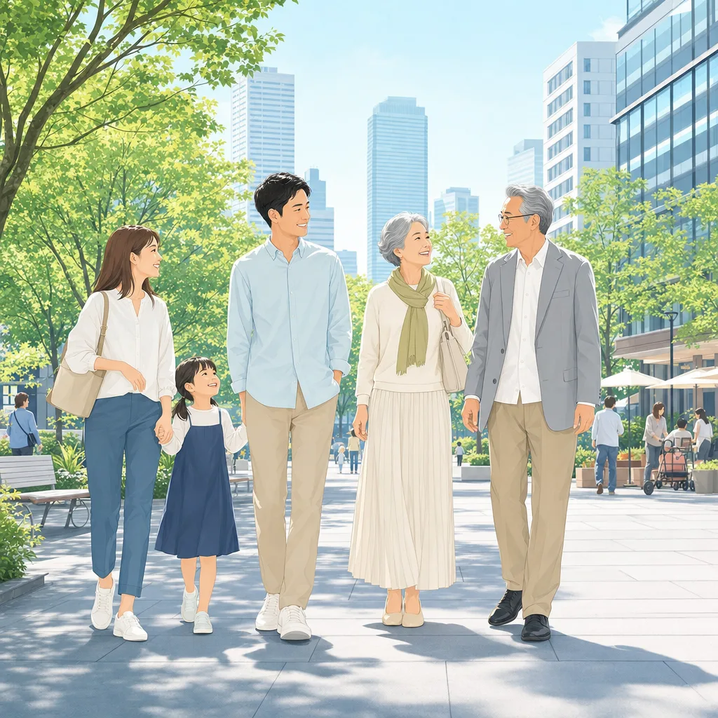 自然に会話する多世代の家族 0173。人物をテーマにした、広告・Web・記事制作に使いやすい素材です。