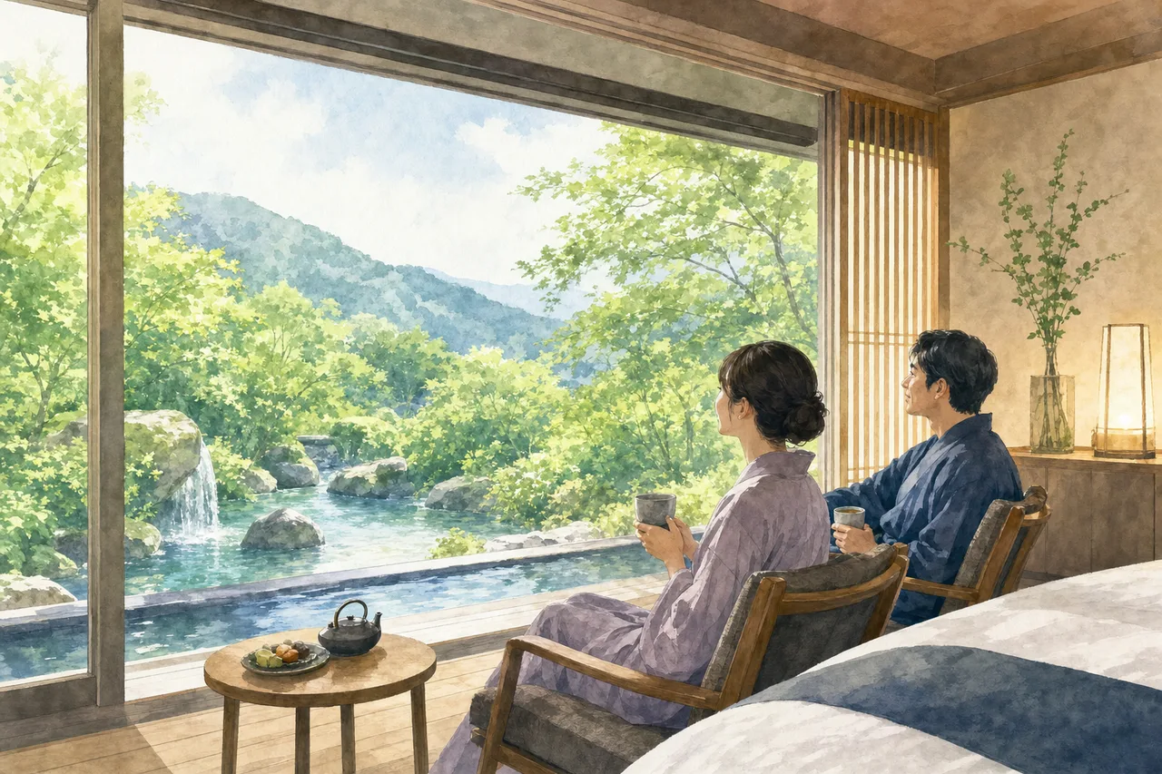 温泉地でくつろぐ旅行者 0178。旅行をテーマにした、広告・Web・記事制作に使いやすい素材です。