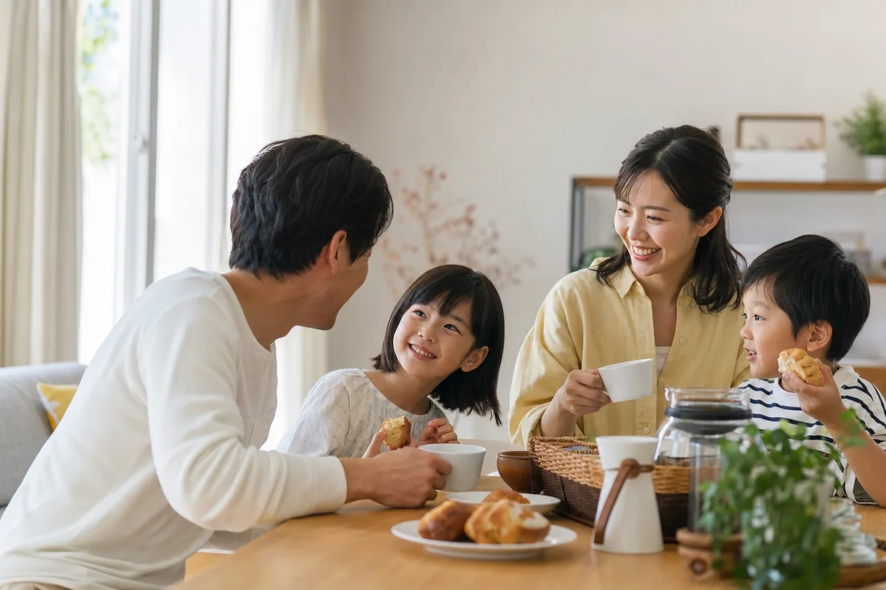 家族が集まるリビング 0194。住宅・建築をテーマにした、広告・Web・記事制作に使いやすい素材です。