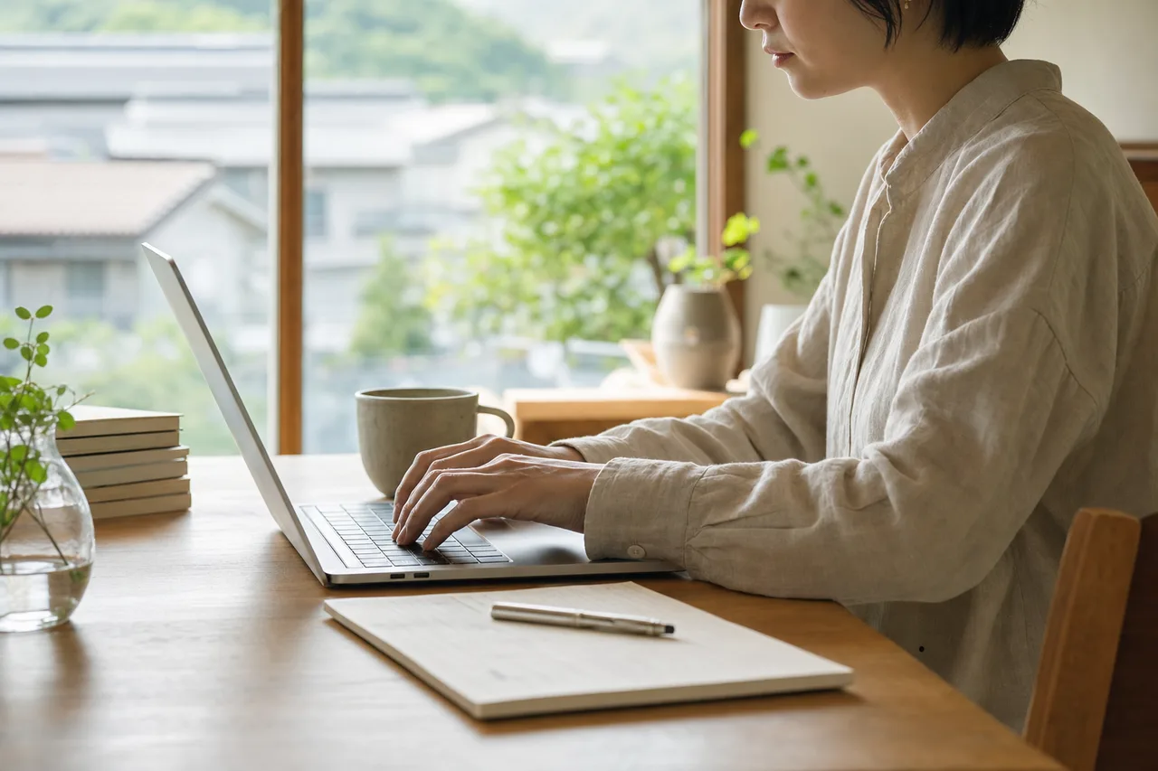 リモートワークの作業風景 0198。ビジネスをテーマにした、広告・Web・記事制作に使いやすい素材です。