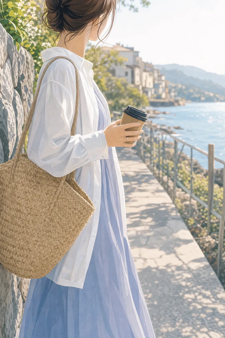海辺の町の散策 0202。旅行をテーマにした、広告・Web・記事制作に使いやすい素材です。