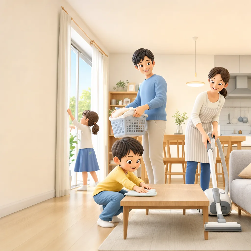 家事を分担する家族 0211。ライフスタイルをテーマにした、広告・Web・記事制作に使いやすい素材です。