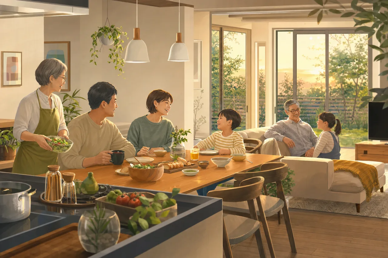 自然に会話する多世代の家族 0233。人物をテーマにした、広告・Web・記事制作に使いやすい素材です。