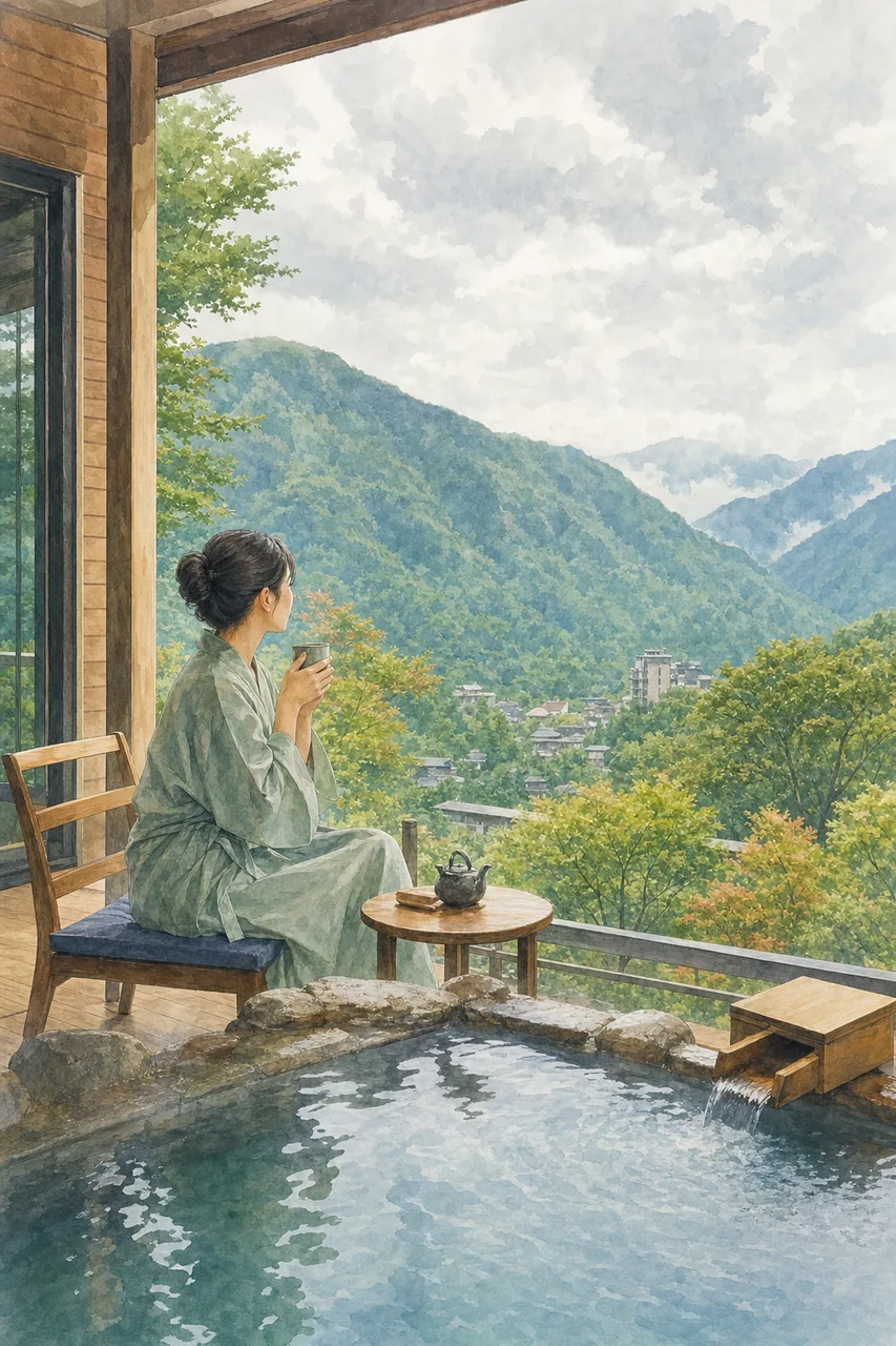 温泉地でくつろぐ旅行者 0238。旅行をテーマにした、広告・Web・記事制作に使いやすい素材です。