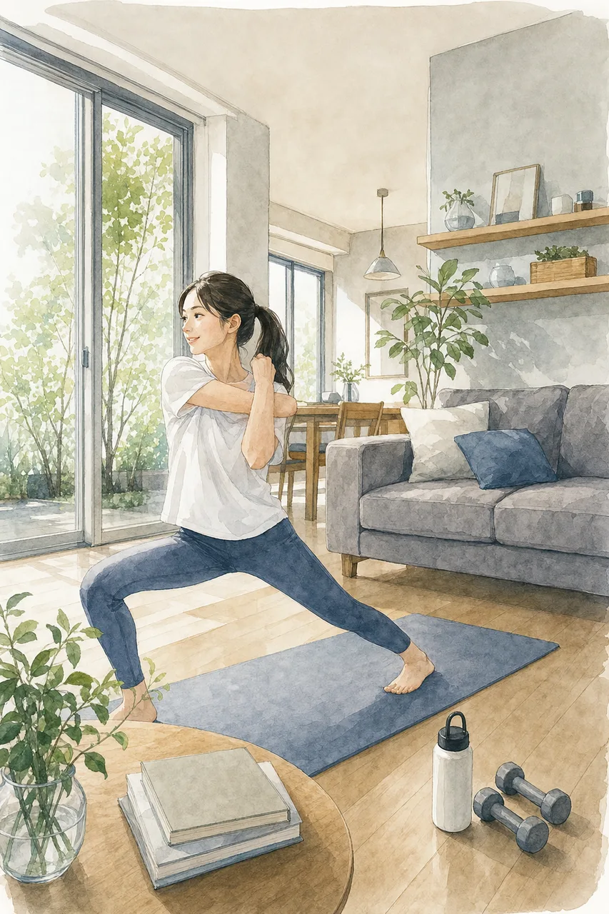 自宅で行う軽い運動 0240。健康・医療をテーマにした、広告・Web・記事制作に使いやすい素材です。