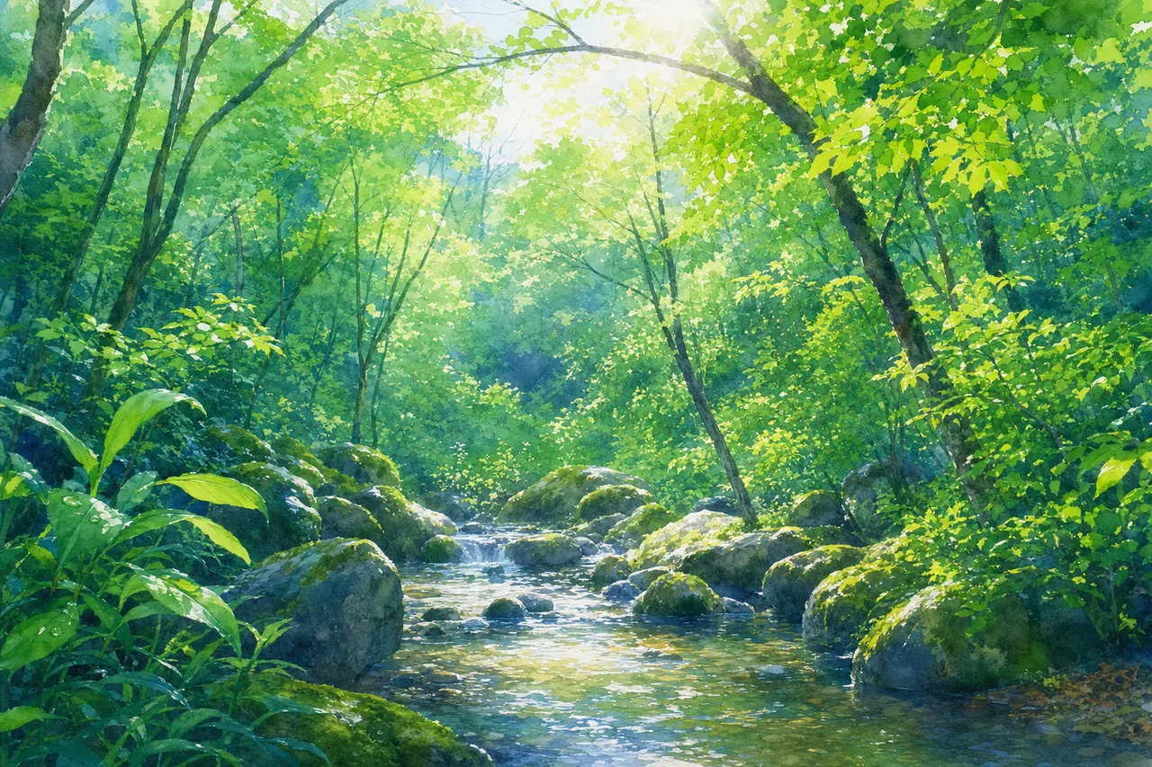 雨上がりの緑豊かな森 0297。自然をテーマにした、広告・Web・記事制作に使いやすい素材です。
