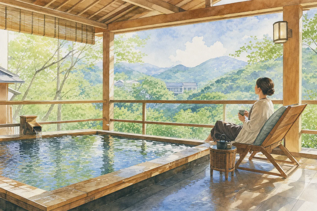 温泉地でくつろぐ旅行者 0298。旅行をテーマにした、広告・Web・記事制作に使いやすい素材です。