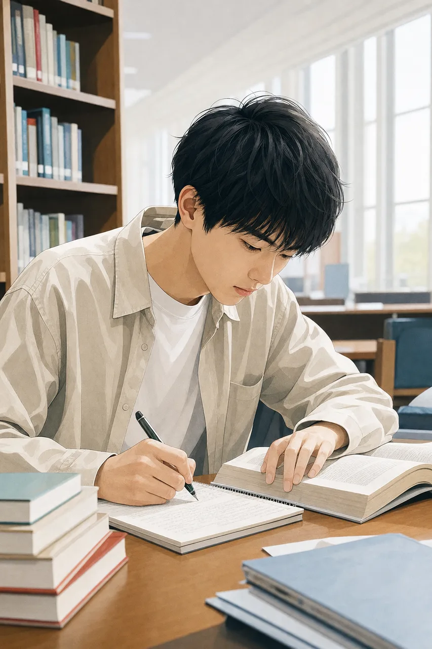 図書館で調べ物をする学生 0325。教育をテーマにした、広告・Web・記事制作に使いやすい素材です。