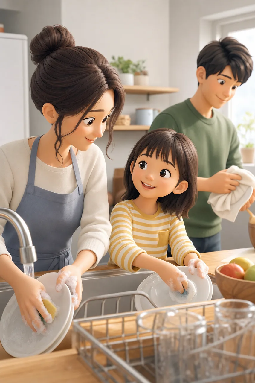 家事を分担する家族 0331。ライフスタイルをテーマにした、広告・Web・記事制作に使いやすい素材です。