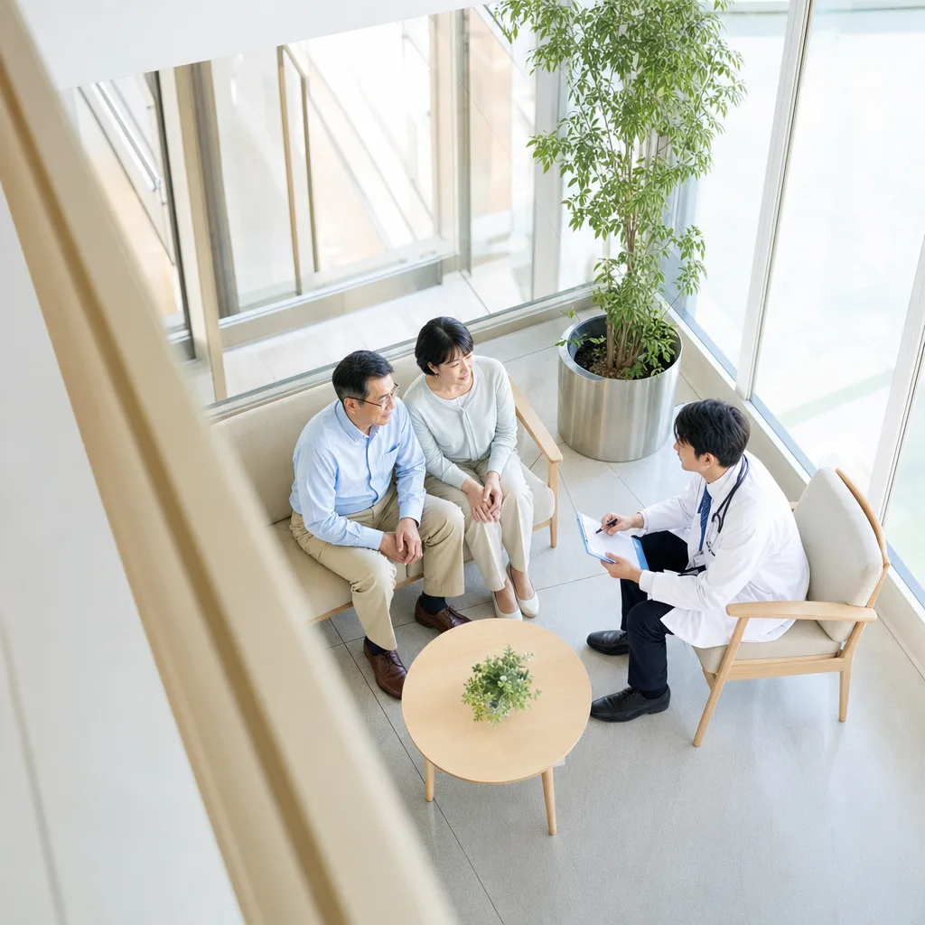 明るい医療施設での相談 0348。健康・医療をテーマにした、広告・Web・記事制作に使いやすい素材です。