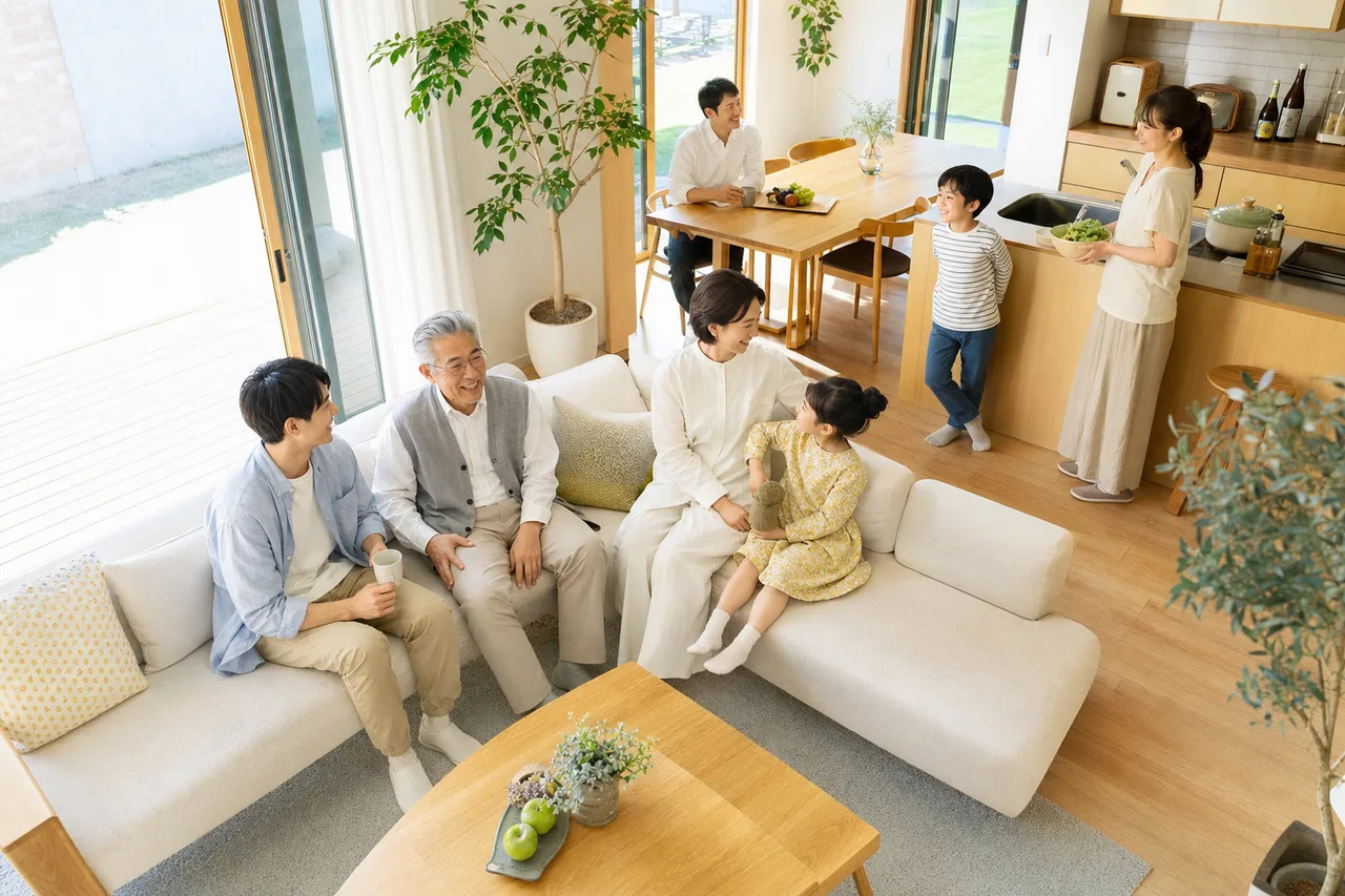 自然に会話する多世代の家族 0353。人物をテーマにした、広告・Web・記事制作に使いやすい素材です。