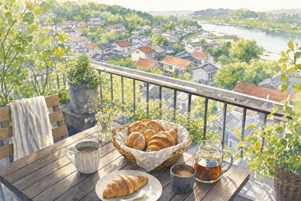 焼きたてのパンと飲み物 0356。食べ物をテーマにした、広告・Web・記事制作に使いやすい素材です。