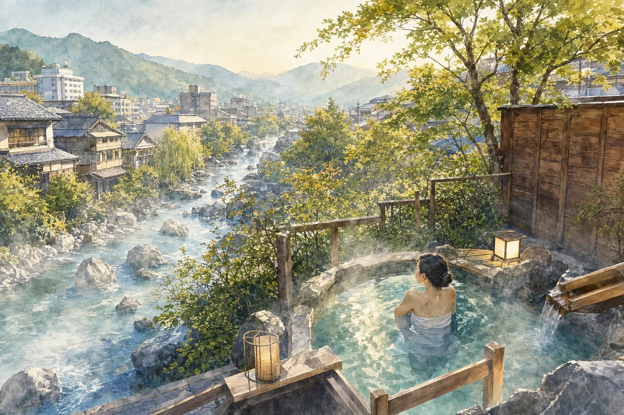 温泉地でくつろぐ旅行者 0358。旅行をテーマにした、広告・Web・記事制作に使いやすい素材です。