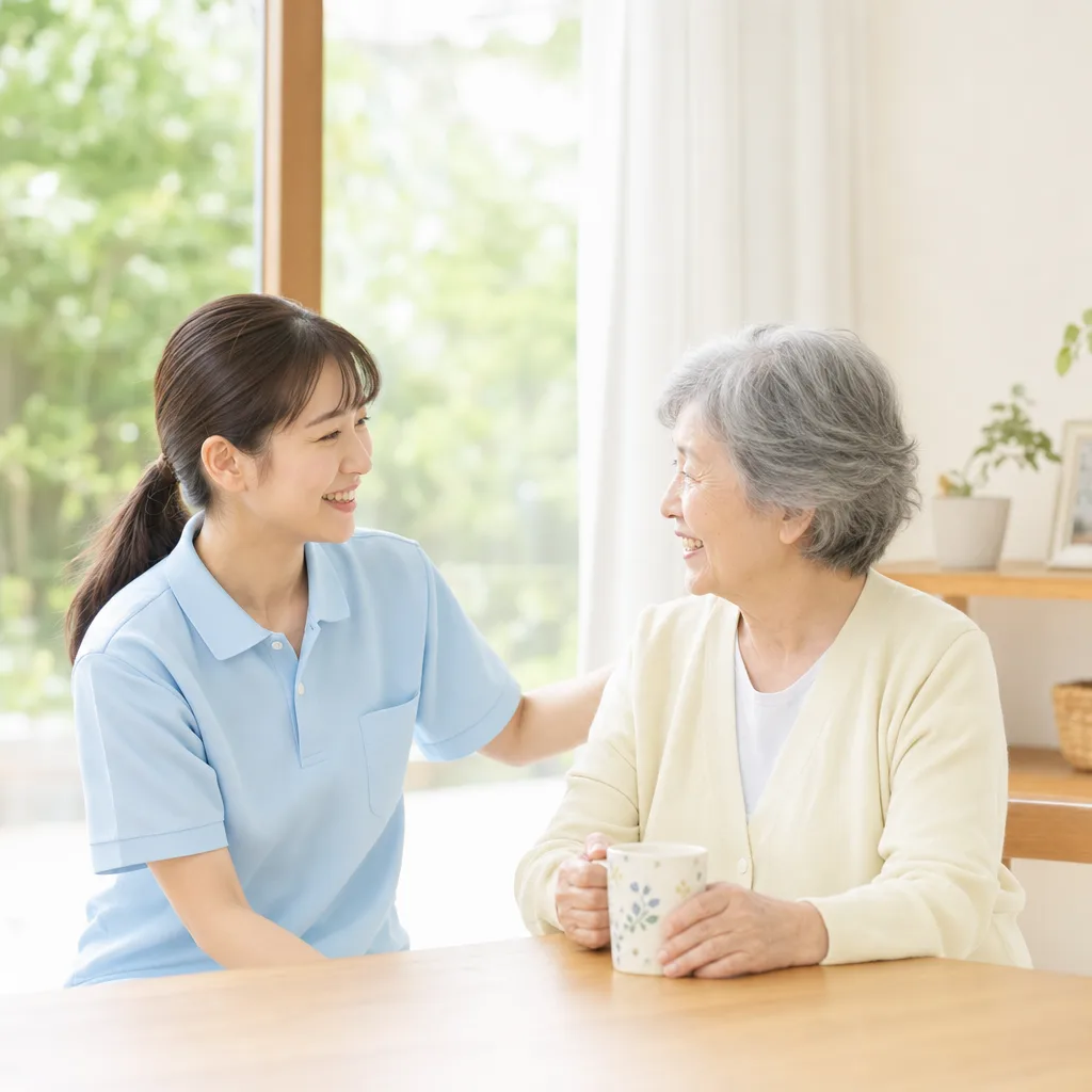 介護スタッフと高齢者 0384。健康・医療をテーマにした、広告・Web・記事制作に使いやすい素材です。