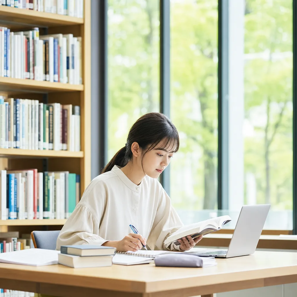 図書館で調べ物をする学生 0385。教育をテーマにした、広告・Web・記事制作に使いやすい素材です。