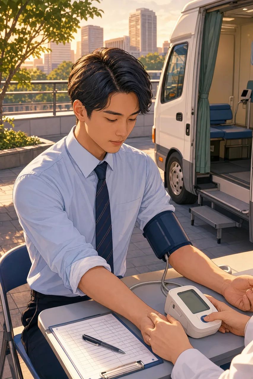 健康診断を受ける社会人 0396。健康・医療をテーマにした、広告・Web・記事制作に使いやすい素材です。