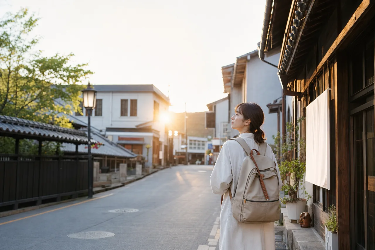 日本の地方都市を歩く旅人 0406。旅行をテーマにした、広告・Web・記事制作に使いやすい素材です。