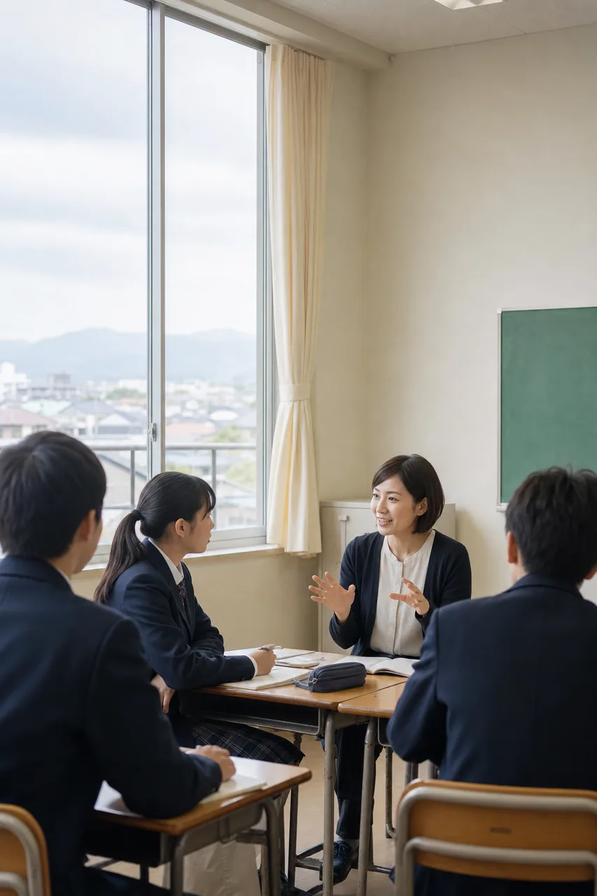 対話型の授業風景 0409。教育をテーマにした、広告・Web・記事制作に使いやすい素材です。