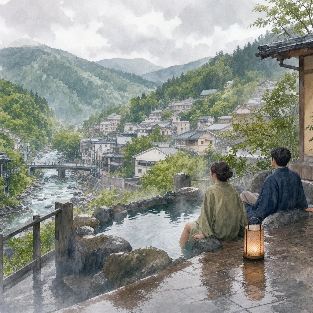 温泉地でくつろぐ旅行者 0418。旅行をテーマにした、広告・Web・記事制作に使いやすい素材です。