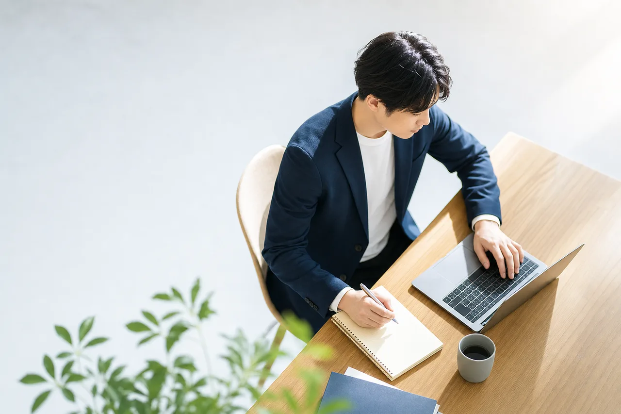 一人で集中する若い社会人 0425。人物をテーマにした、広告・Web・記事制作に使いやすい素材です。