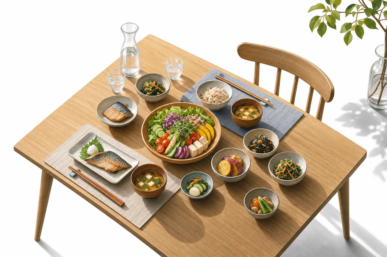 彩り豊かな健康的な料理 0428。食べ物をテーマにした、広告・Web・記事制作に使いやすい素材です。