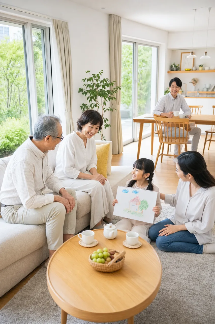 家族が集まるリビング 0434。住宅・建築をテーマにした、広告・Web・記事制作に使いやすい素材です。